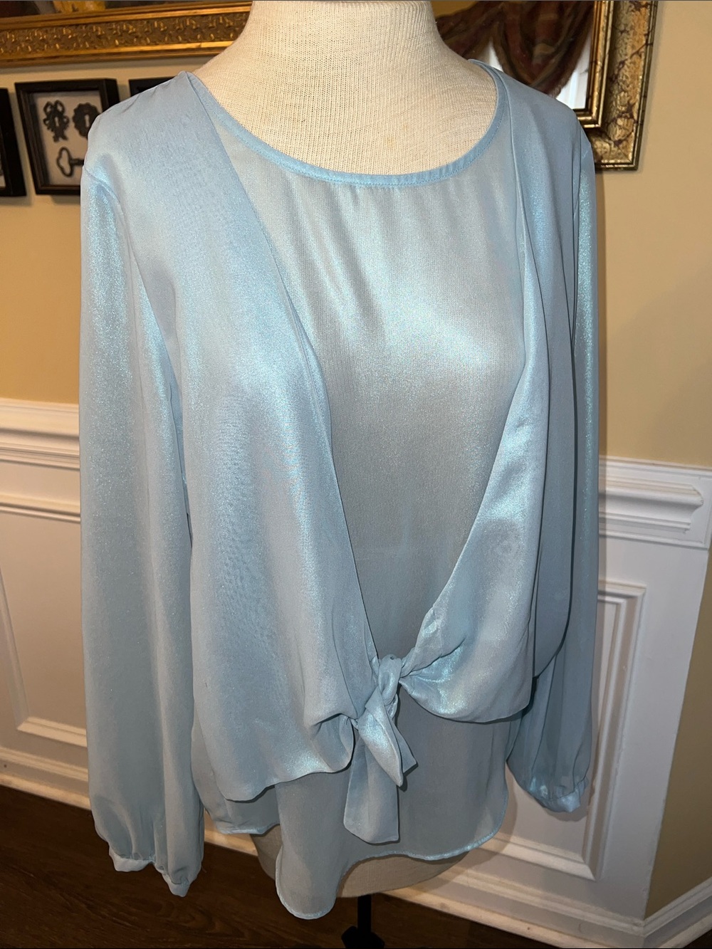 belle sky light blue satin tie-front blouse